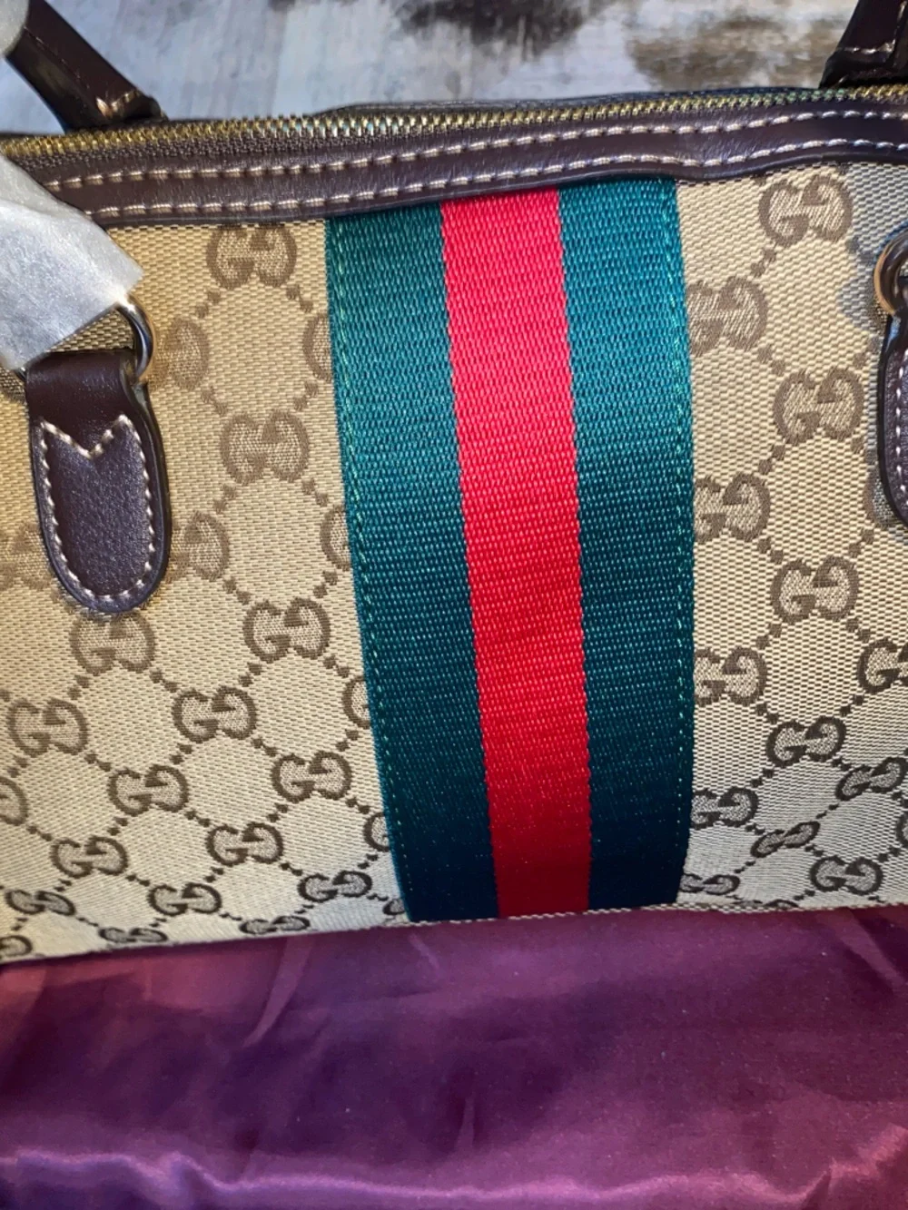 Gucci Beige GG Canvas Shoulder Bag with Green and Red Web Stripe